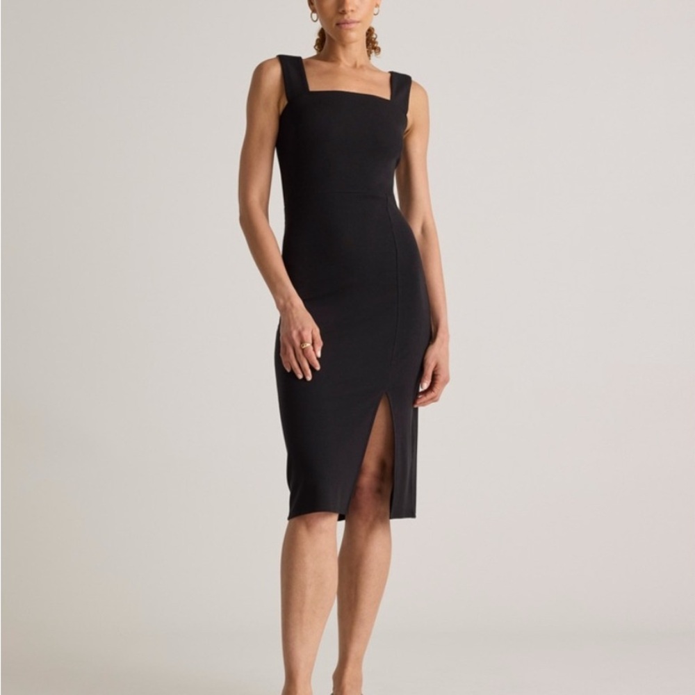 Quince Tencel Rib Knit Sleeveless Square Neck Midi Dress in Black